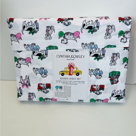 Cynthia Rowley Puppy Cheer Queen Size Sheet Set Presents Bows Ornaments Gifts - Picture 8 of 12